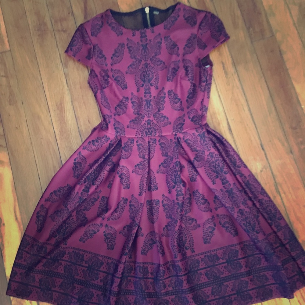 Wine and Black Cap Sleeve Fit and Flare Dress